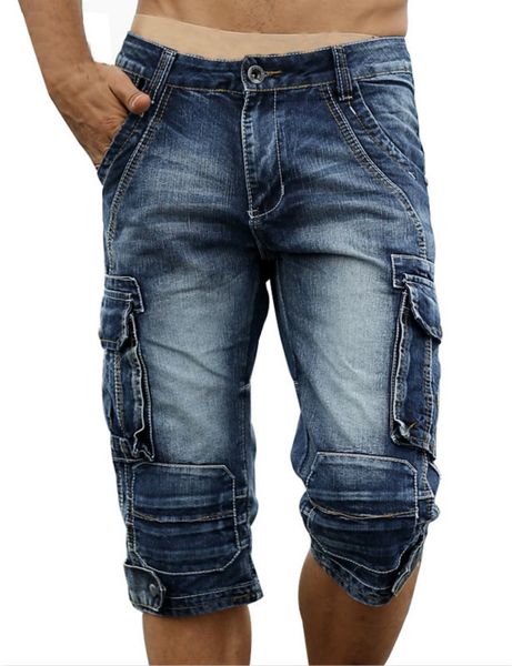 Jeans masculino masculino masculino de jeans retro shorts vintage ácido lavado desbotado Multi-Pockets Military Biker Jeans curtos para homens 230313