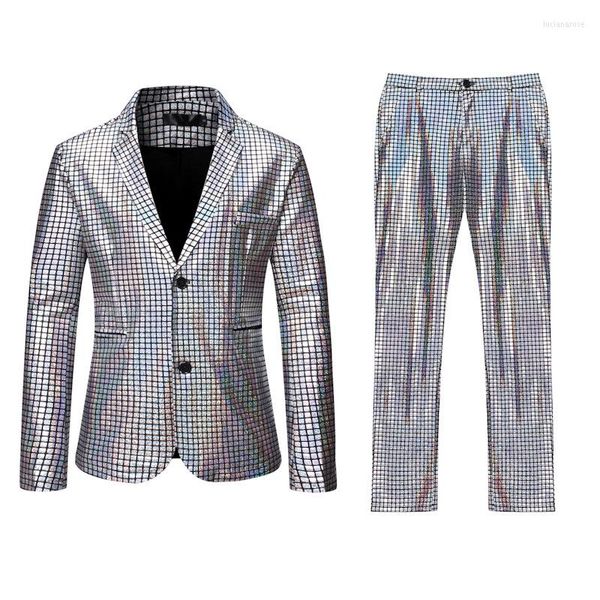 Ternos masculinos Mens palestra Prom Silver Plaid Lantejas de lantejoulas com calças Dança do noivo do noivo do noivo Tuxedo Men.