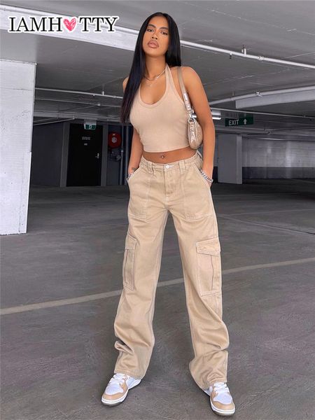 Damen Jeans Vintage Khaki Wide Leg Cargo Hohe Taille Große Taschen Baggy Denim Hose Lässige Übergroße Hose Street Jogginghose Iamty 230313