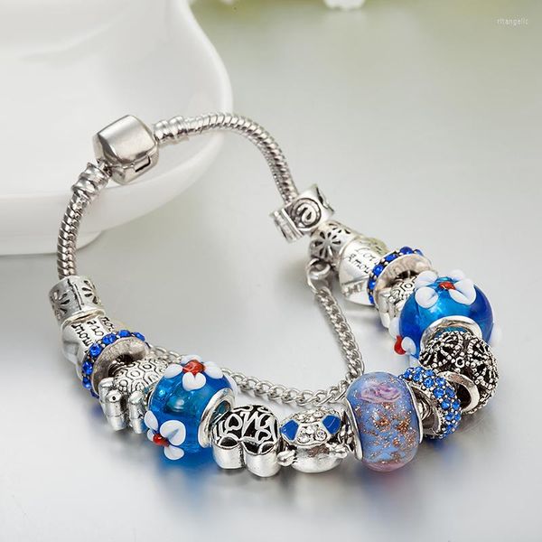 Charm-Armbänder ANNAPAER Blaue Kristall-Schildkröten-Blumen-Perlen-Armbänder DIY Antik-Passform Original Pulsera B16104