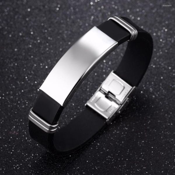 Pulseiras de charme preto silicone pulseira pulseira pulseira de borracha de aço inoxidável com identificação de nome personalizado