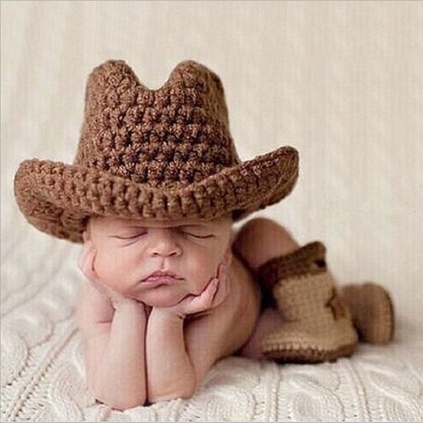 Caps chapéus nascidos garoto de crochê de cowboy pographion props infantil pó brotos de malha traje para chá de bebê presente foto prop 230313