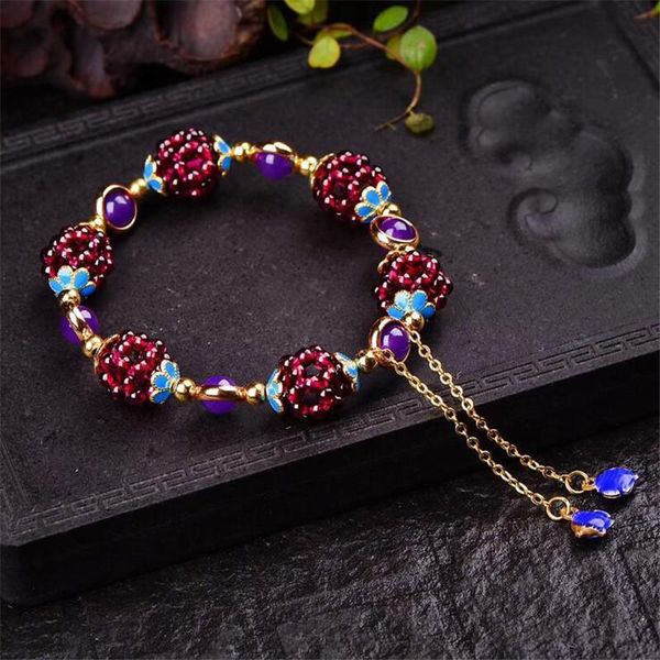 Braccialetti con ciondoli Braccialetto etnico in pietra di granato naturale Cristallo di melograno Affascinante multi-cerchio per regalo femminile Boemia Gioielleria raffinata