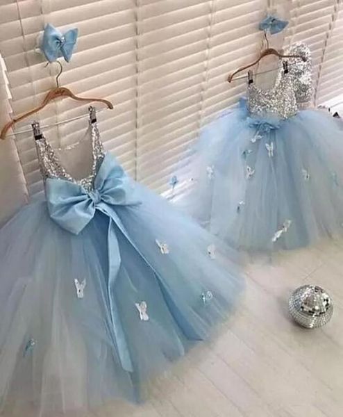 Mädchen Kleider Baby Blau Mädchen Für Geburtstag Party 2023 Silber Pailletten Top Tutu Rock 3D Blumen Kinder Prom Ballkleider