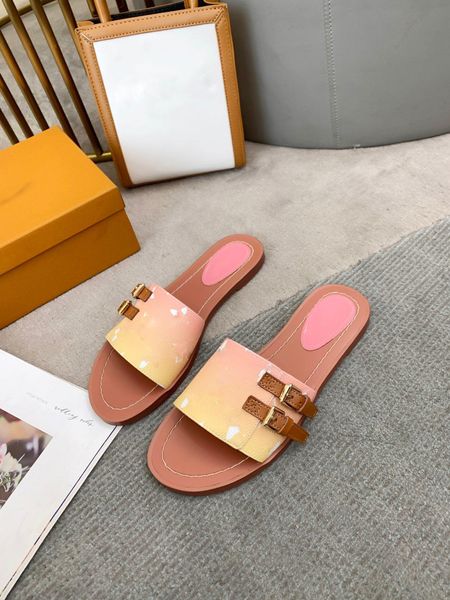2023 Luxury Women Lock It Mule Slippers Fashion Gold Buckle Gradient Low Top Muller Sandals With Box