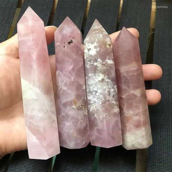 Estatuetas decorativas pedras naturais flores de cerejeira rosa Blossoms rosa quartzo wand point polido torre cura cura pedras de reiki decoração