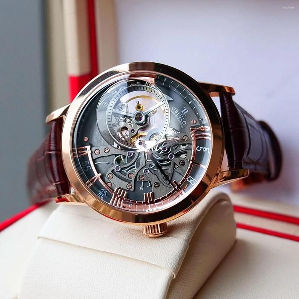 Нарученные часы Oblvlo Top Men Automatic Watches Аналоговый скелет розовый золото