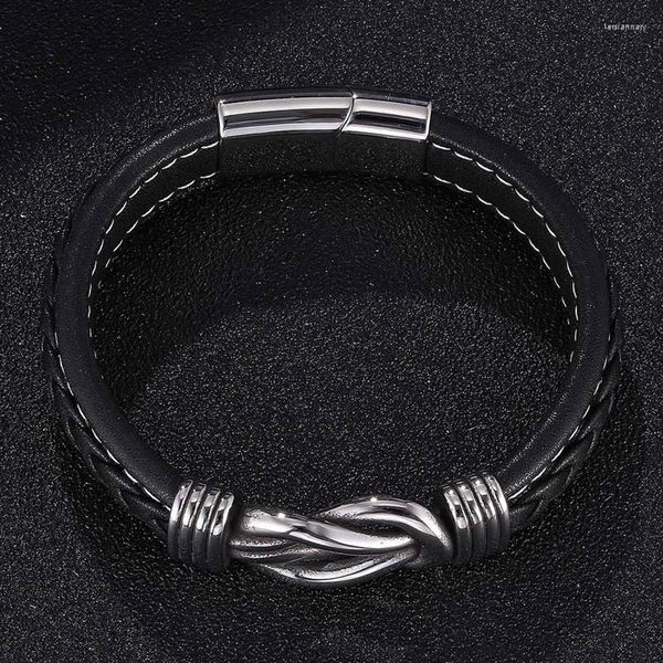 Braccialetti con ciondoli Gioielli casual Bracciale da uomo in pelle nera Carica irregolare grafica Chiusura magnetica in acciaio inossidabile Bracciale da uomo Regali da uomo