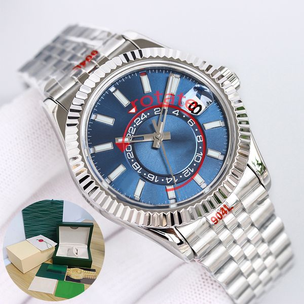 Rotierende Sky-Herrenuhr, blaues Zifferblatt, Datum der Woche, automatische mechanische Uhr für Uhren, 40 mm, Edelstahl 904L, kratzfester Saphirspiegel mit Uhrenbox Dhgate lb