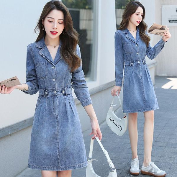 Abiti casual Blue Women Jeans Dress 2023 Primavera Autunno Moda manica lunga Vita A-Line Denim Abiti femminili