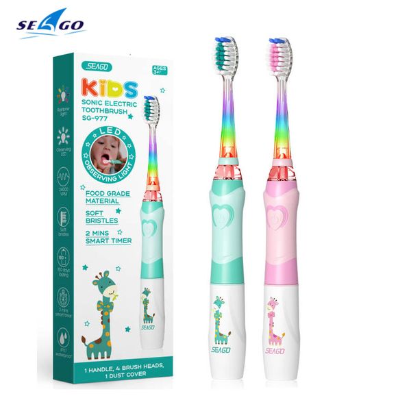 Escova de dentes seago infantil escova de dentes elétricos para 3-12 crianças crianças sônicas pincel de dente bateria vibrar o pincel de reposição LED 230313