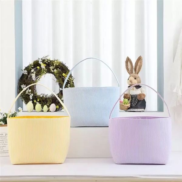 Praktischer karierter Ostern-Korb, festlicher Seersucker-Eimer für Ostereier, personalisierte Streifen, Süßigkeiten, Geschenktüten, Aufbewahrungskörbe für Unterwäsche, RRA