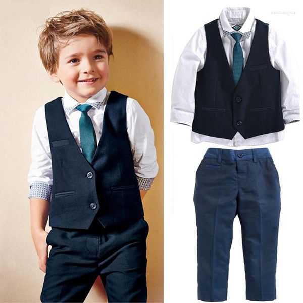 Kleidungssets Formale Kinder Jungen Outfit Frühling Herbst Kinder Kleidung Anzug Baumwolle Langarm Weißes Hemd Weste Hose 2-7 Jahre Kleider