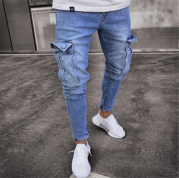 Jeans masculinos Mens Skinny Jeans Trend Knee Hole Zipper Pocket Pocket Jeans Jeans Jeans Hip Hop angustiado Jeans elásticos lava -lou