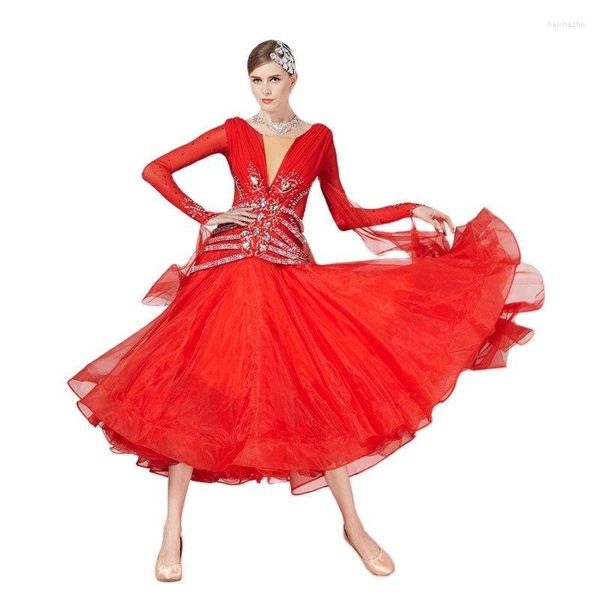 Bühnenkleidung B-17137 Rotes Damen-Ballsaal-Walzerkleid Rumba-Kostüme Standard-Smoothie-Tanzkleider Sozial zu verkaufen