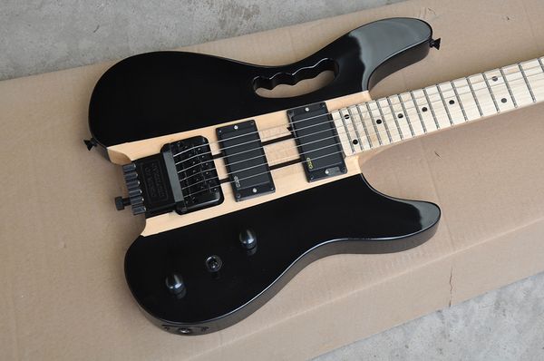 Factory Black Headless E-Gitarre mit Neck-Thru-Body, schwarzer Hardware, Ahorngriffbrett, HH-Tonabnehmern und 24 Bünden, die individuell angepasst werden können