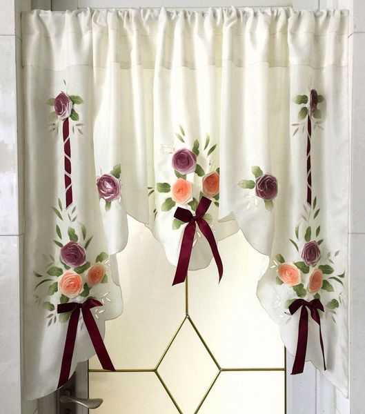 Vorhang fliegend, kurze Küchenvorhänge, Tüll mit Blumenseite für Fenster, Balkon, Rom, Blumenband-Design, Stickerei, Voile, transparenter Drape