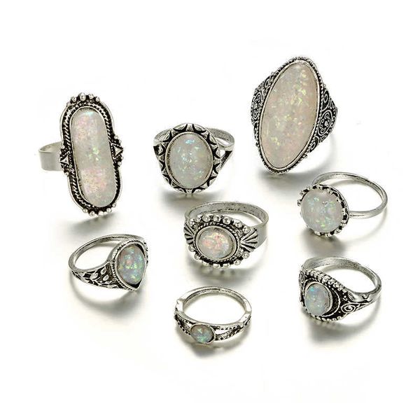 Anello solitario Tocona Vintage Antique Silver Color Rings Set Colorful Opal Crystal Stone Carve per donna Uomo Gioielli bohémien Anelli 6421 Z0313