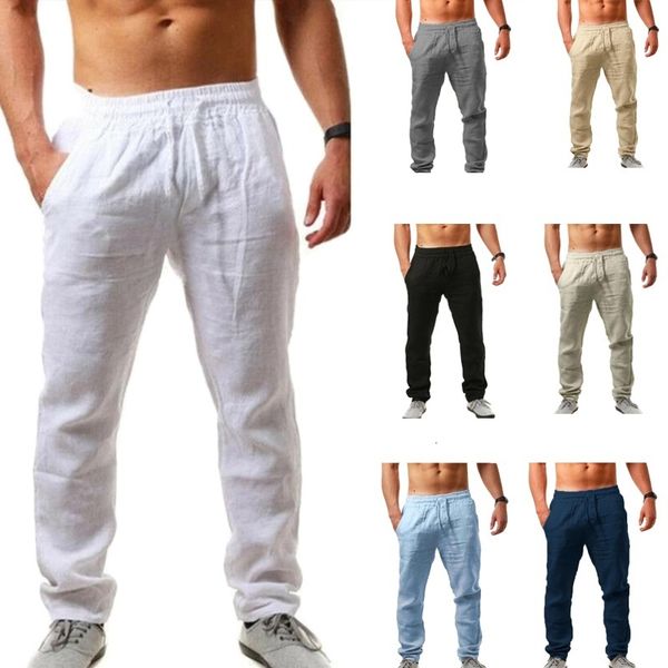 Calça masculina 8 cores calças de linho de alta qualidade de linho de verão as calças de férias de férias soltas calças de praia 230313