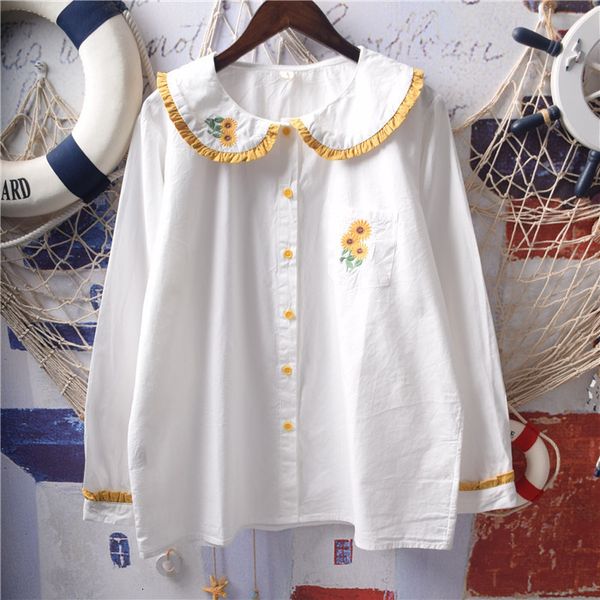 Camisas de blusas femininas Mori Girl Autumn Women Blusa vintage Bordado de girassol com Ruffled Peter Pan Colle