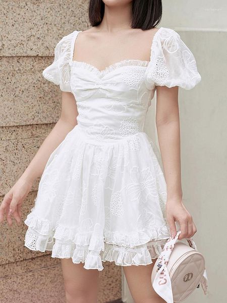 Partykleider Weiße Farbe Puffärmel Frauen Ballkleid Minikleid Quadratischer Ausschnitt Spitze Elegante Dame Punk Kleidung