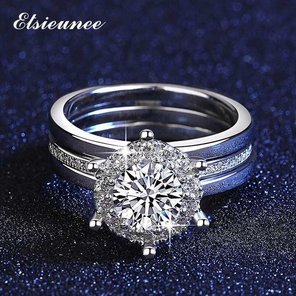 Solitaire Ring Elsieunee 100 925 STERLING Gümüş 1CT Moissanit Ring Lab Diamond Gelin Setleri Kadınlar İçin Düğün Nişan Yüzükleri Güzel Takı Z0313