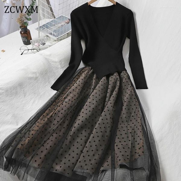 Casual Kleider ZCWXM 2023 Herbst Frauen Gestrickte Mid-lange Tüll Patchwork Schwarz Elegante Langarm Polka Dot EINE Linie Schlank