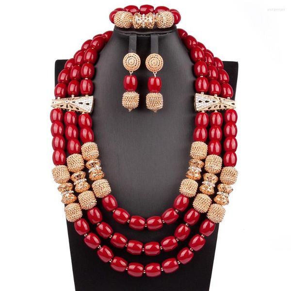 Collana Orecchini Set Favoloso Vino Rosso Perline Africane Gioielli Dubai Oro Lega di Rame Gioielli Regalo Festa Nuziale CNR829