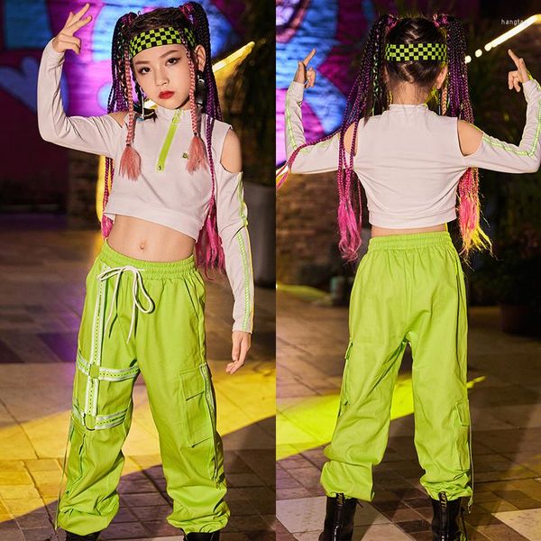 Bühnenbekleidung Kinder Hip Hop Dance Kleidung für Mädchen weiße Ernte Tops Lose Green Pants Street Outfits Jazz Festival Kostüme DN10615