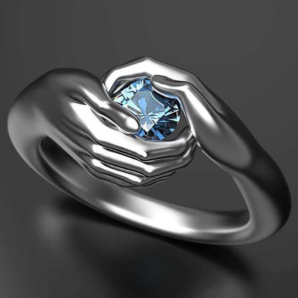 Solitaire Ring Vinatge Zilveren Kleur Trouwring Hip Hop Blauwe Zirkoon Verlovingsring Punk Mannelijke Vrouwelijke Hand Knuffel Verstelbare Ringen Voor Vrouwen Mannen Z0313