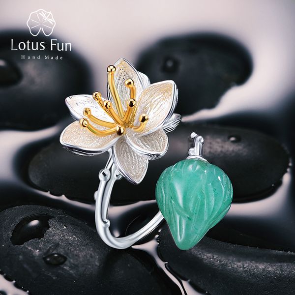 Fedi nuziali Lotus Fun Vero argento sterling 925 Pietre preziose avventurina naturale Anello fiore Gioielleria raffinata Anelli sussurri di loto per donne Bijoux 230313