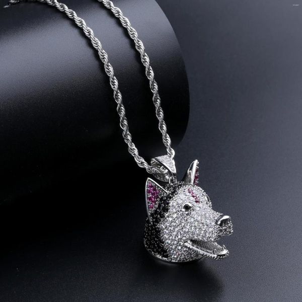 Collane con ciondolo Nero Bianco Cubic Zirconia Pavimentato Iced Out Bling Silly Husky Pet Dog Collana con ciondoli per uomo Gioielli Hip Hop Rapper