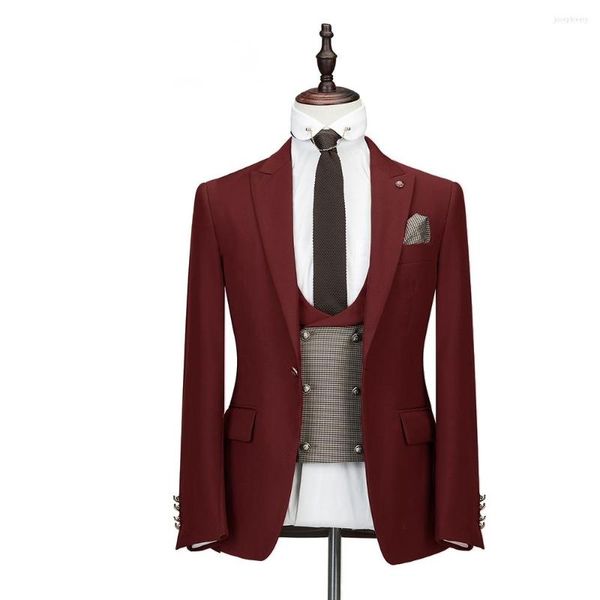 Herrenanzüge Hohe Qualität Burgund 3 Stück Männer Hahnentritt Weste Hosen Bräutigam Kleid Männlich Smoking Herren Hochzeit Prom Mann Blazer