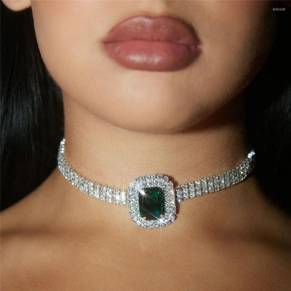 Cara quadrado de gargantagem verde de colar de cristal verde gola de cristal de moda de moda de flash flash drill clavicle jóias por atacado