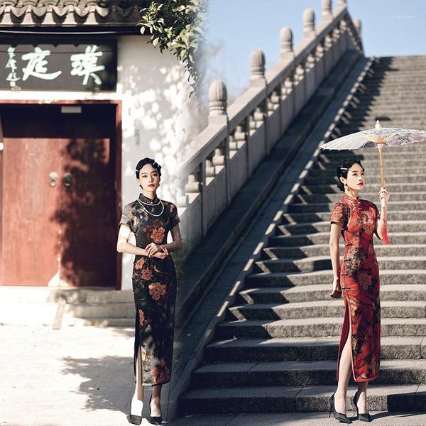 Ethnische Kleidung 2023 Chinesischer Stil Cheongsam Rock Seide Tang Slim Mode Retro Kurzarm Größe M-4XL