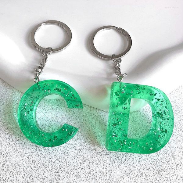 Keychains letra inicial do acrílico Titular de cor verde resina transparente Chaves de alfabetismo para bolsa de jóias artesanais diy por atacado