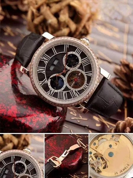 Нарученные часы Высококачественные мужские механические часы Автоматический розовый золото бриллиант черный кожаный турбиллион Двойной скелет скелет сапфир