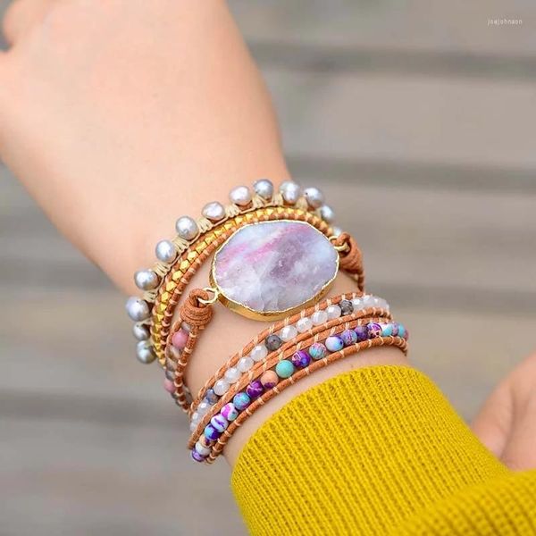 Braccialetti con ciondoli Arrivo 4Unik Avvolgere in pelle Diaspro viola Perle d'acqua dolce Bracciale con perline tibetane Gioielli di perle naturali