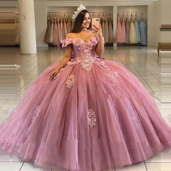 Abiti da quinceanera Elegante principessa con spalle scoperte Sweetheart Fiori 3D Abito da ballo con taglie forti Sweet 16 Debuttante Party Birthday Vestidos De 15 Anos 45