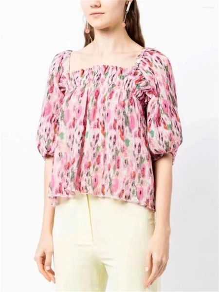 Kadın bluzları kadın kare yaka çiçek baskı gömlek bahar yaz 2023 bayanlar puf kolu tatlı pileli bluz ve üstleri kimyasal