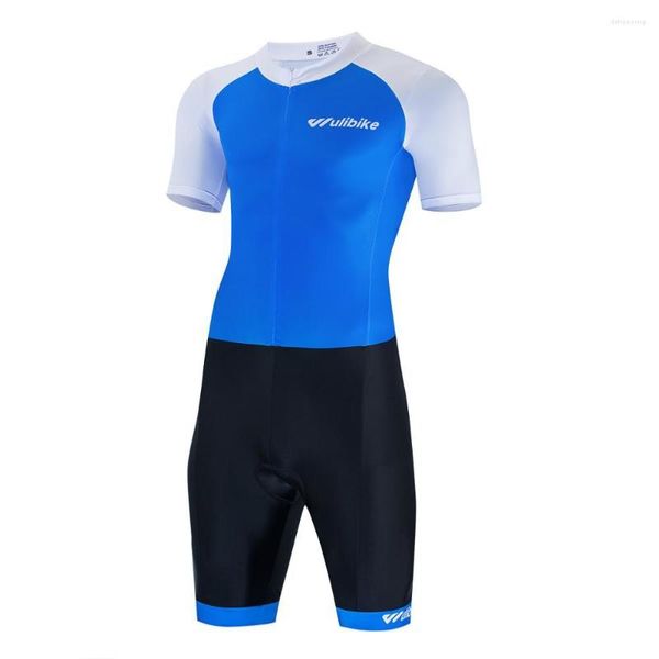 Giacche da gara Wulibike Tuta da triathlon da uomo Manica corta Nuoto Abbigliamento sportivo ad asciugatura rapida Maglia da ciclismo da uomo Blu.