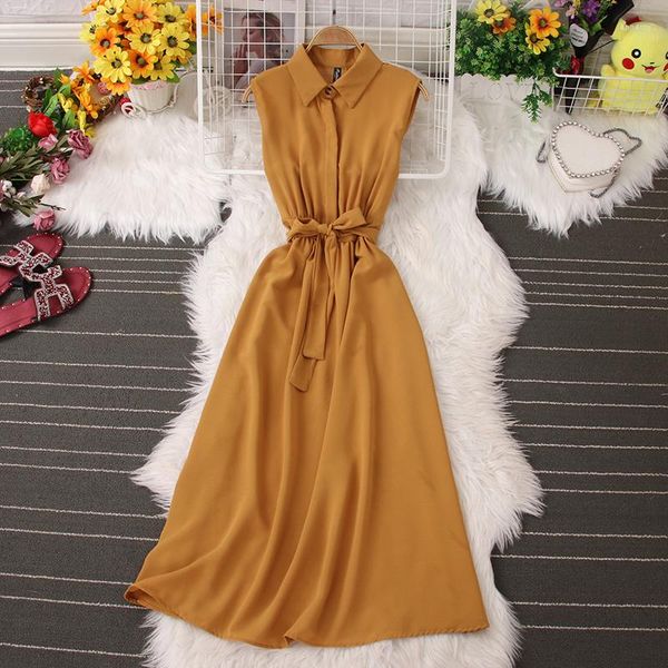 Vestidos casuais Vintage Lace-up Midi Dress Woman Woman French Chic Sweet Sweet Breassed Polo Collar Mulheres sem mangas