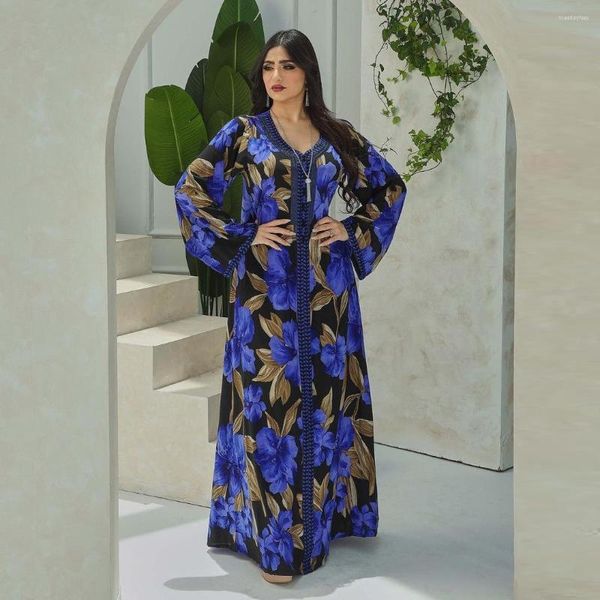 Ethnische Kleidung Blaue Kaftane Abaya Dubai Türkei Islam Arabisch Muslimisches Kleid Abendkleider für Frauen Kaftan Robe Femme Musulmane Longue