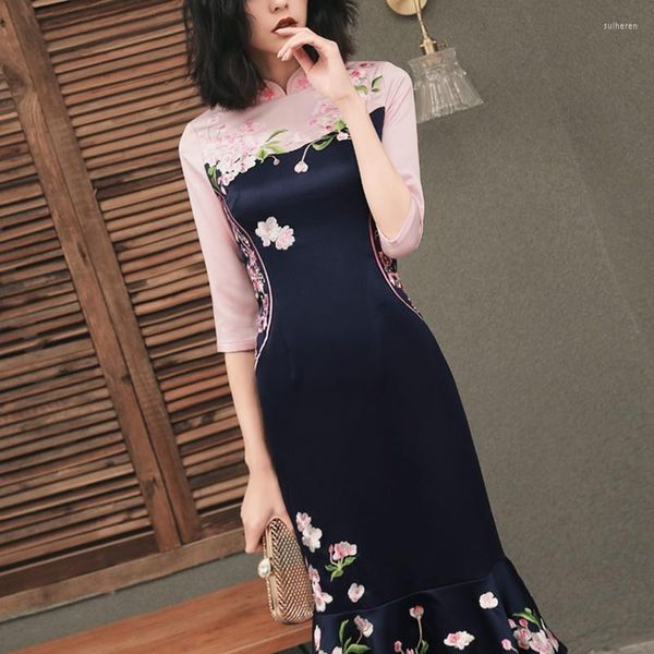 Abbigliamento etnico Primavera Estate 2023 Cinese moderno Cheongsam Qipao Shanghai Tang Pesca casual Vestido Ao Dai Vietnam Abito vintage TA1461