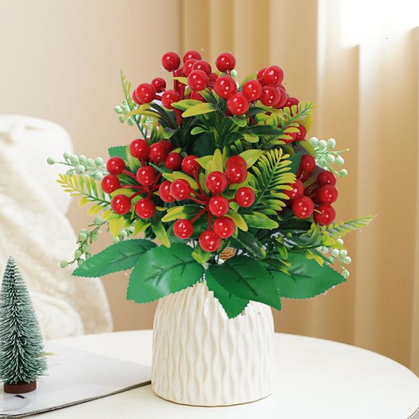 Flores decorativas grinaldas 7/12 cabeças artificiais de cereja vermelha frutas buquê de natal decoração de decoração de flores jardim de festas em vaso de fábrica 230313