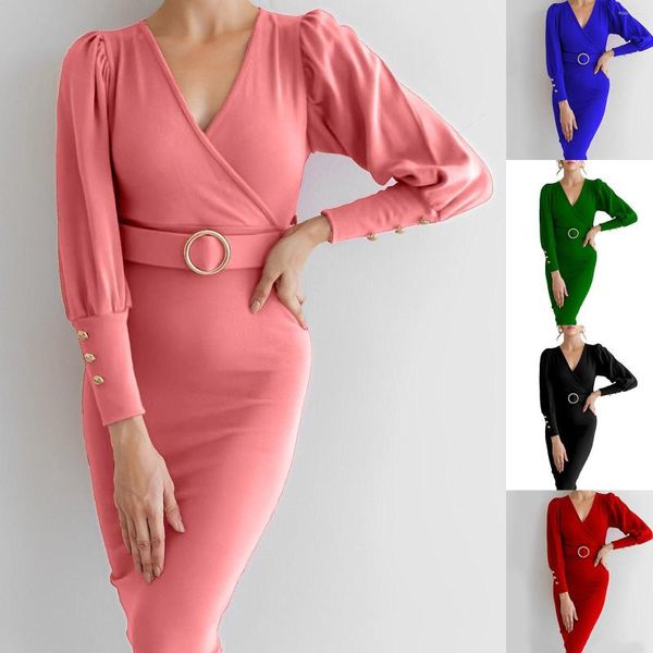 Abiti casual Vestito sexy Donna 2023 Autunno con scollo a V Manica lunga Pacchetto anca Donna Elegante rosa Slim Office Ladies Vestidos Regali di compleanno