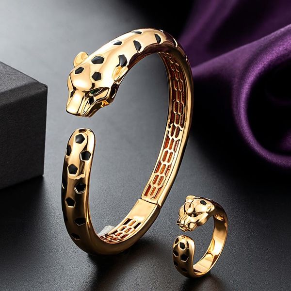 Conjuntos de joias de casamento Zlxgirl Statement Punk Black Spots Leopard bangle com anel conjunto Moda Animal Panther pulseira para mulheres Presentes de festa navio grátis 230313