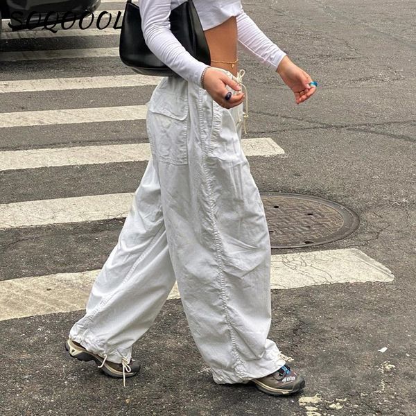 Damenhose Caprihose Hippie Y2K Cargo Damen Jogginghose mit niedriger Taille Kordelzugtaschen Baggy Hose mit weitem Bein Koreanisch Vintage Weißer Fallschirm 230313