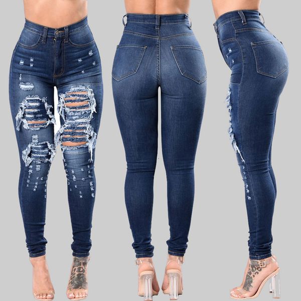 Jeans da donna stretch skinny strappato con foro lavato denim mamma femminile slim jeggings vita alta matita y2k pantaloni pantaloni 230313