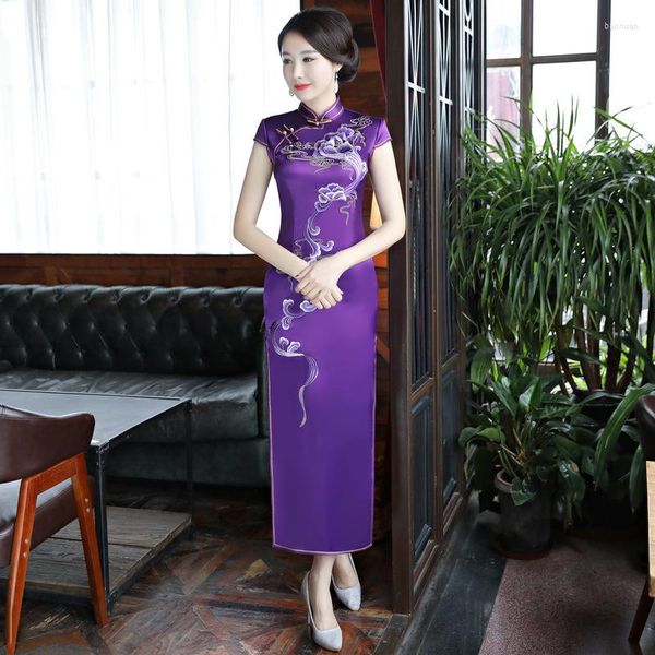 Этническая одежда фиолетовая вышивка расколото цветочные сексуальные чингсамские женщины с коротким рукавом показывают китайские платья длинные атласные платья M-4xl Qipao